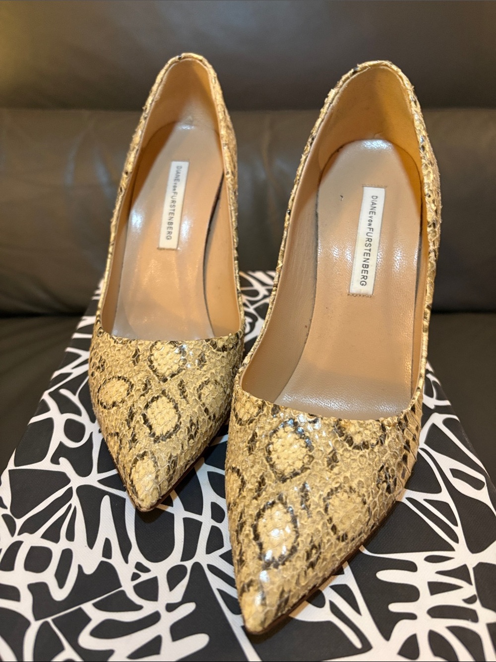 Diane Von Furstenberg Snake-Print Yellow Pointed-Toe Pumps